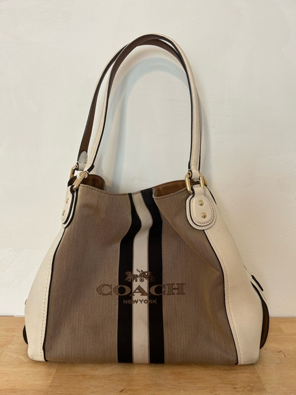 Coach Beige & White Canvas Satchel with Black Stripe